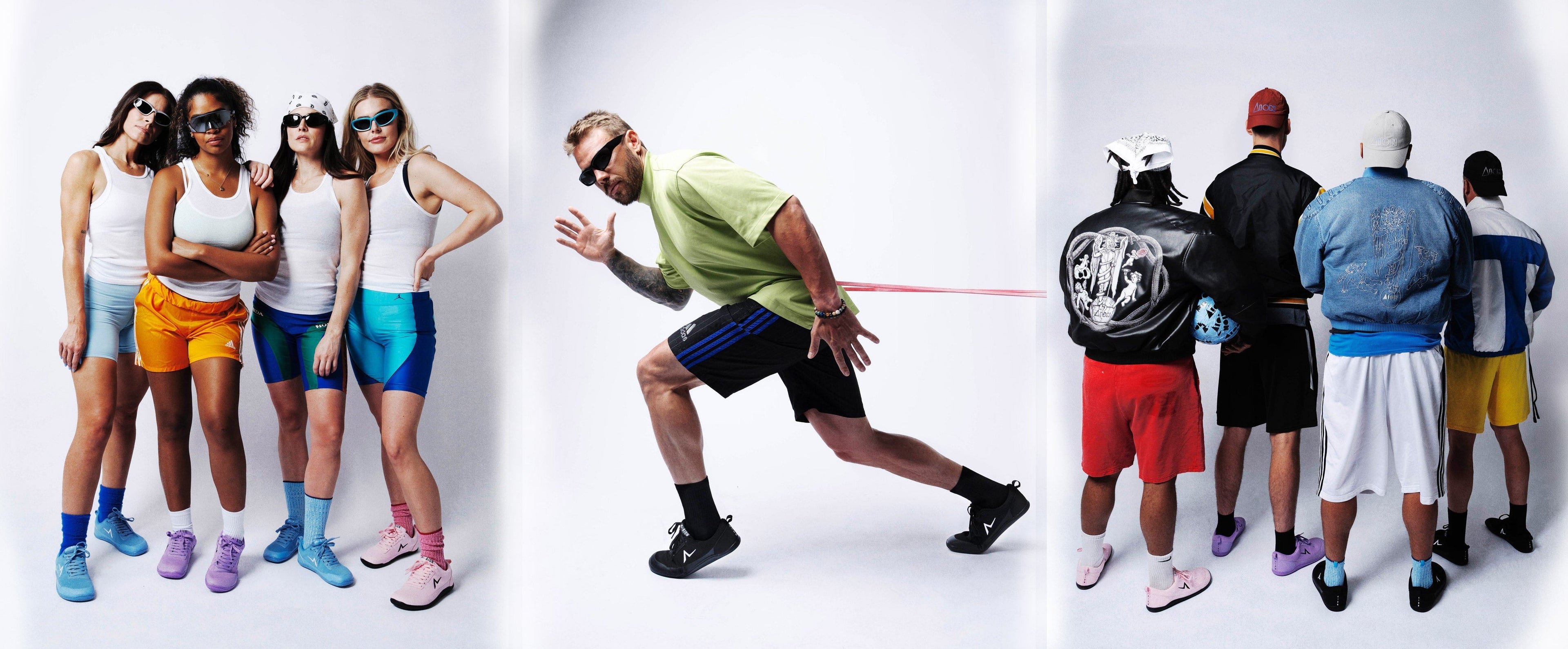 A triptych-style fashion photo showing three scenes on a white studio background: four women in bright athletic outfits on the left, a man in a green shirt running with a red elastic band attached to a backpack on the right, and several people seen from behind wearing colorful athletic clothing.